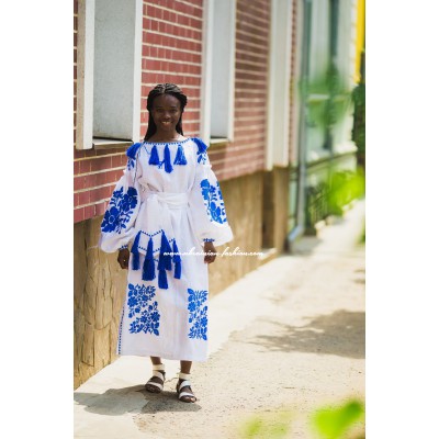 Boho Style Embroidered Maxi Dress White with Blue Embroidery